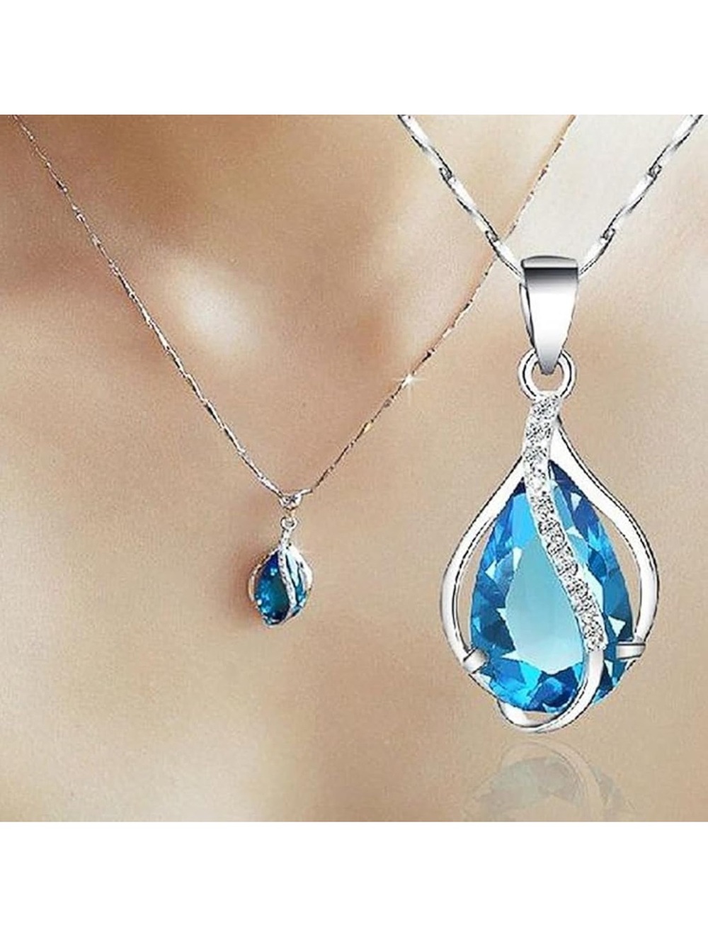 Romantic Blue Teardrop Pendant Necklace - Silvertone B65 - Picture 2 of 7